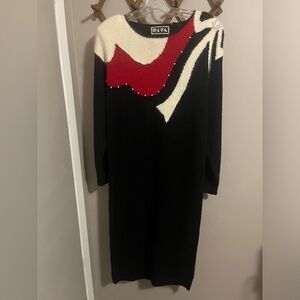 Riva Vintage 80s Abstract Beaded Angora Knit Midi Dress Black Red M